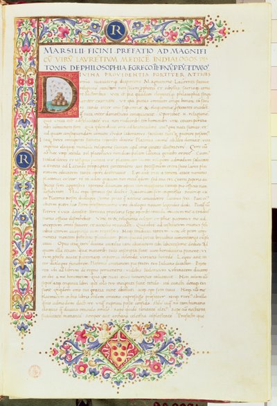 Plut 82.6 C.1 Dialogi Platona przetłumaczone przez Ficino i dedykowane Wawrzyńcowi Wspaniałemu, ok. 1480 r. (welin) autorstwa Italian School