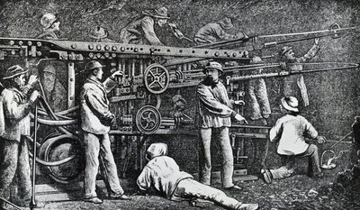 Pneumatyczna wiertarka do skał stworzona przez Giovanniego Battistę Piattiego i udoskonalona przez Germano Sommeillera (1815-1871), grawerowanie Włoch autorstwa Italian School