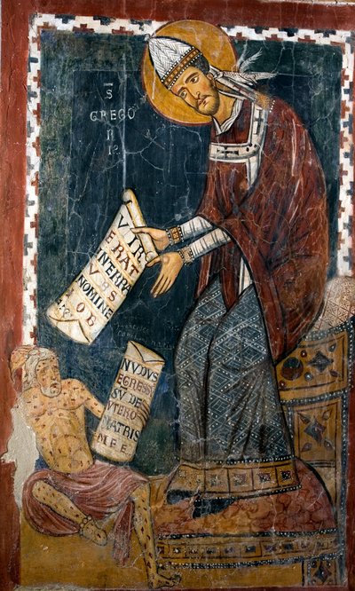 Papież Gregoire I Wielki (540-604) i Job Saint Gregoire trzyma papier, w którym jest napisane po łacinie „Vir erat in terra Hus nomine Job””” (był człowiek z ziemi Husa, który nazywał się Hiob), i Job „” Nudus egressus sum de utero matris meae”” (Nu I autorstwa Italian School