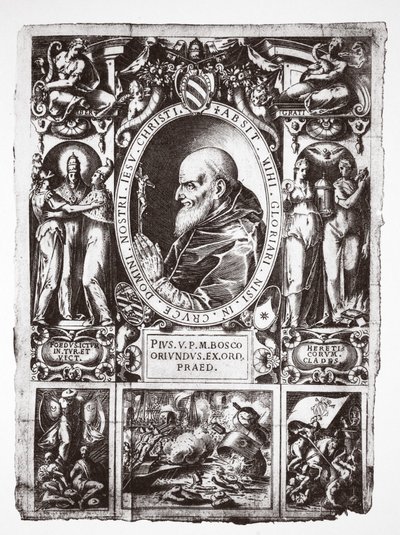 Papież Pius V, z winietami o bitwie pod Lepanto, z Vita del Gloriosissimo Papa Pio Quinto, wyd. 1586 autorstwa Italian School