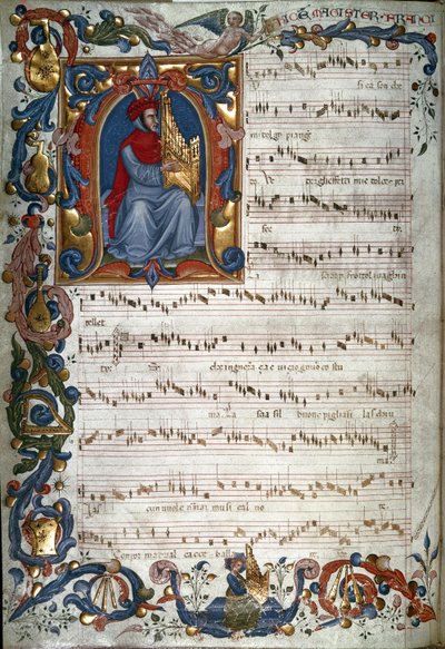 Portret Francesco Landino i partytura, ilustracja z "Kodeksu Squarcialupi", ok. 1325-35 autorstwa Italian School