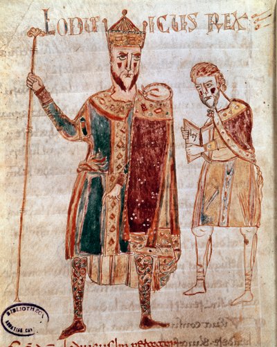 Portret Ludwika I Pobożnego (778-840), króla Francji Strona rękopisu (ms. 4) „Codex Legum Longobardorum” (lub Langobardorum) opisująca prawa królestwa Lombardii ustanowionego przez króla Rothariego autorstwa Italian School