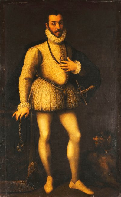 Portret dżentelmena, pełnometrażowy, noszącego haftowany biały kaftan, płaszcz i miecz, ok. 1580 autorstwa Italian School