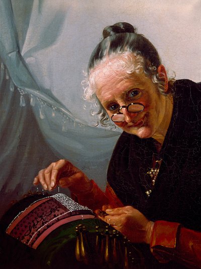 Portret koronki Stara kobieta uśmiecha się z parą lorgnons przed swoją pracą. Malarstwo szkoły weneckiej. XIX-wieczna Wenecja, muzeum Correr autorstwa Italian School
