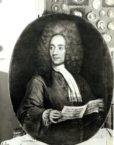 Portret kompozytora Tomaso Giovanniego Albinoniego (1671-1751) trzymającego partyturę autorstwa Italian School