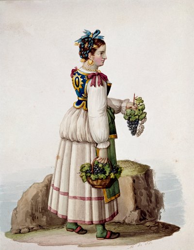 Portret młodej kobiety z Capri, w tradycyjnym stroju, trzymającej winogrona - (Stary handel: młoda kobieta z Capri, trzymająca winogrona) Akwarela XIX-wieczne Museo Nazionale di San Martino Neapol autorstwa Italian School
