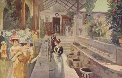 Pocztówka przedstawiająca kobiety w barze Tettuccio, Bagni di Montecatini (kolorowa litografia) autorstwa Italian School