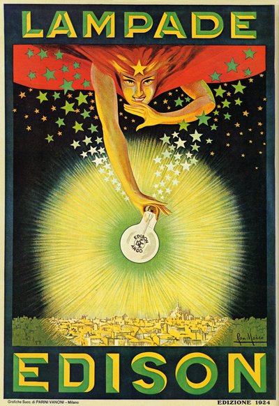 Plakat reklamujący żarówki Edisona, Mediolan, Włochy autorstwa Italian School