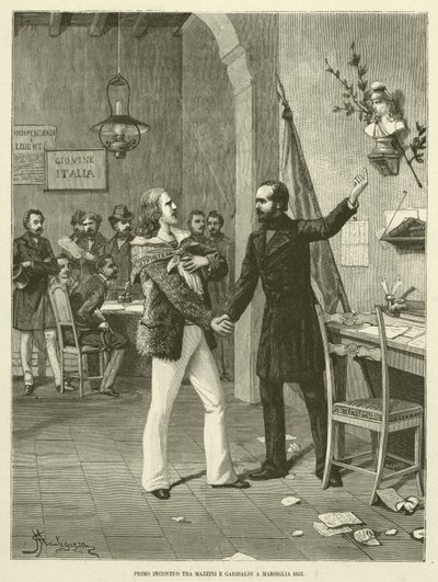 Pierwsze spotkanie Mazziniego i Garibaldiego w Marsylii 1833 (rytowanie) autorstwa Italian School
