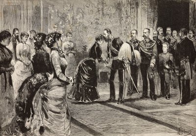 Królowa Małgorzata i Umberto I otrzymali następcę tronu Niemiec (przyszłego Fryderyka III) na Kwirynale, Rzym, Włochy, rycina z rysunku Dantego Paolocciego, z L