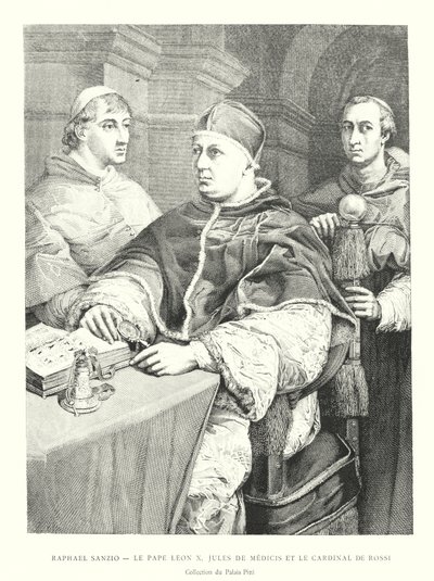 Raphael Sanzio, Le Pape Leon X, Jules de Medici i Cardinal de Rossi, Collection du Palais Pitti (grafika) autorstwa Italian School