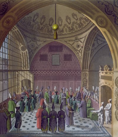 Przyjęcie zachodnich ambasadorów przez wielkiego wezyra sułtana w Konstantynopolu, ok. 1820 (kolorowe grawerowanie) autorstwa Italian School