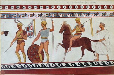 Rekonstrukcja malarstwa nagrobnego z Paestum przedstawiającego greckich żołnierzy piechoty i kawalerię (patrz także 186246, 119488 i 444298) autorstwa Italian School