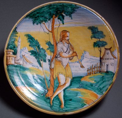 Sztuka renesansu: dekoracja talerza flecisty (flecista) - koniec XVI wieku Produkcja Viterbo (Viterbo), Włochy Florencja, Museo Nazionale del Bargello autorstwa Italian School