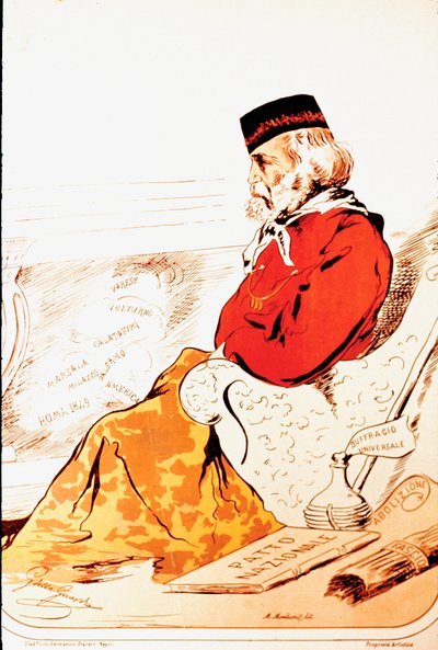 Reprezentacja posłów na prawicę sejmową Bohaterów Risorgimento i włoskiego patrioty Giuseppe Garibaldiego (1807-1882) w 1874 r. Rysunek. Rzym, Museo del Risorgimento autorstwa Italian School