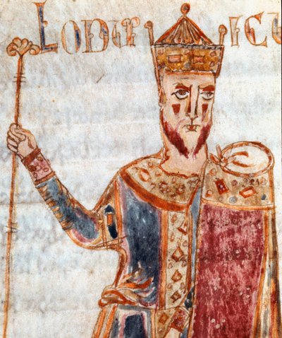 Reprezentacja Ludwika I (778-840), syna Karola Wielkiego”” Miniatura zaczerpnięta z „”Codex Legum Longobardorum”” (lub Langobardorum) opisująca prawa królestwa Lombardii ustanowionego przez króla Rothariego autorstwa Italian School