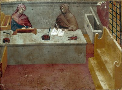 Reprezentacja kamerlingwisty, pomocnika kopisty Anonimowy obraz na drewnie Biccherny (okładka księgi rachunkowej miasta Siena) 1388. Siena Archivio di Stato, Włochy autorstwa Italian School