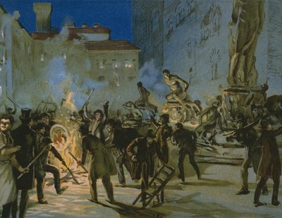 Rewolucja we Florencji, 27 kwietnia 1859, ilustracja z albumu poświęconego historii Risorgimento wykonanego dla czekoladowego Talmone, koniec XIX w. autorstwa Italian School