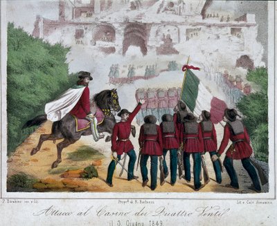 Risorgimento, Republika Rzymska (Repubblica romana): żołnierze armii Giuseppe Garibaldiego na koniach próbują odzyskać willę Quattro Venti w Rzymie 03.06.2018. Litografia Rzymskie Muzeum Narodowe Risorgimento autorstwa Italian School