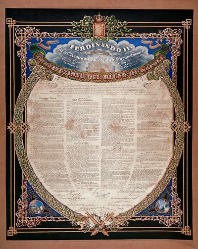 Risorgimento: konstytucja ogłoszona przez króla Ferdynanda II Obojga Sycylii (1810-1859) w 1847 r. Neapol, Museo Nazionale di San Martino Włochy autorstwa Italian School