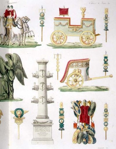 Rzymskie rydwany, trofea i pomniki wojskowe, fragment tablicy 20, klasa 5 z części I „Historii narodów”, grawerowane przez Marco Comirato (ok. 1800-69) (akwatinta) (patrz także 93290) autorstwa Italian School