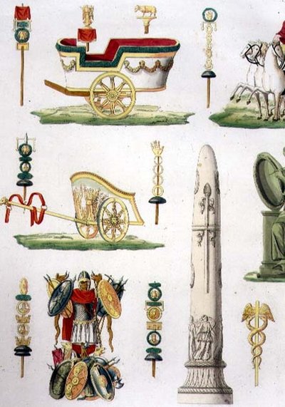 Rzymskie rydwany, trofea i pomniki wojskowe, fragment tablicy 20, klasa 5 części I „Historii narodów”, grawerowane przez Marco Comirato (ok. 1800-69) (akwatinta) (patrz także 93291) autorstwa Italian School