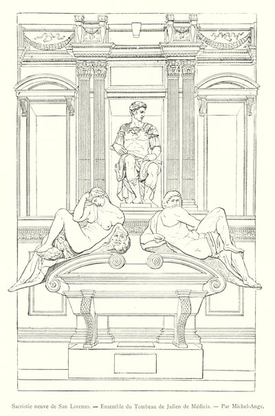 Nowa Zakrystia San Lorenzo, Zespół Grobu Giuliano de Medici, autorstwa Michała Anioła (rycina) autorstwa Italian School