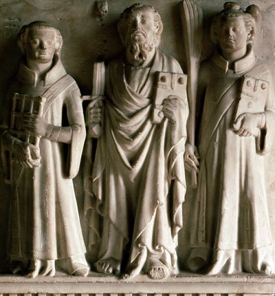 Płaskorzeźba Saint Paul, Saint Laurent i Saint Etienne ze szkoły Campione. Z Castelseprio we Włoszech. XIV-wieczny Mediolan, museo d