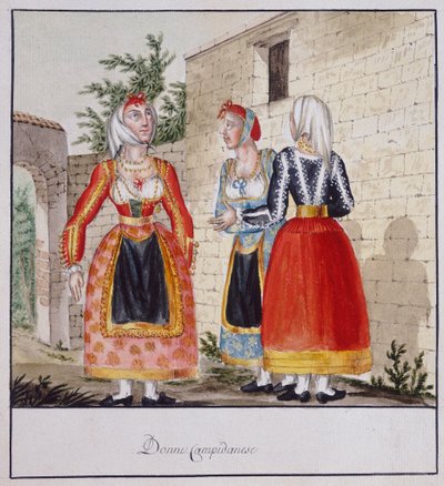 Sardyńskie kobiety w strojach z Campidano, drukowane ms.258, kolekcja Luzzetti autorstwa Italian School