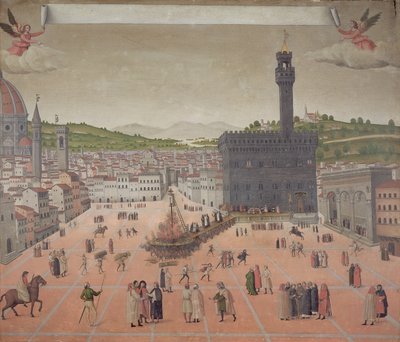 Savonarola spalony na stosie, Piazza della Signoria, Florencja (olej na desce) autorstwa Italian School