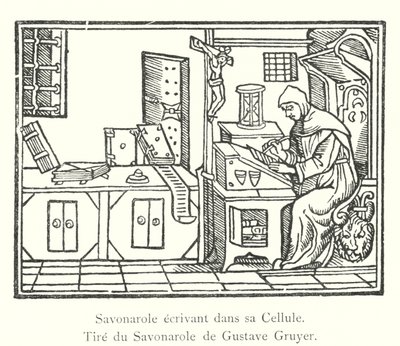 Savonarola Pisząc w swojej celi, Z Savonaroli Gustave Gruyer (rycina) autorstwa Italian School