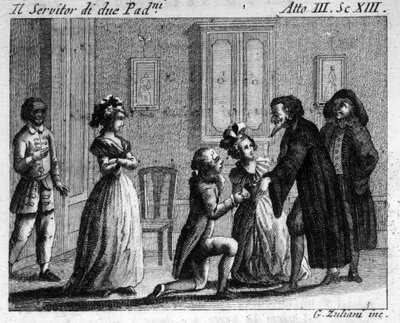 Scena 13 aktu III komedii „Arlecchino servitore di due padroni” (sługa Arlekina dwóch panów) (1745) autorstwa Carlo Goldoni (1707-1793). Grawerowanie XVIII wieku autorstwa Italian School