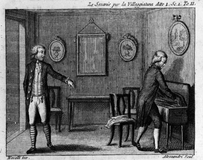 Scena 1 aktu I komedii „Le smanie per la villeggiatura” (La ville) (1761) Carlo Goldoni (1707-1793). Rycina z XVIII wieku. autorstwa Italian School
