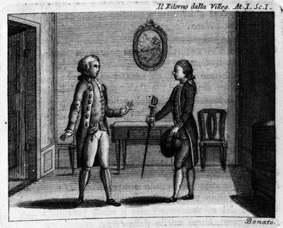 Scena 1 aktu I komiksu „Ritorno della villeggiatura” (Powrót miasta) (1761) Carlo Goldoni (1707-1793). Grawerowanie XVIII wieku autorstwa Italian School