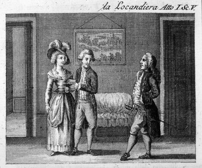 Scena 5 aktu I utworu „La locandiera” (1753) autorstwa Carlo Goldoni (1707-1793). Grawerowanie XVIII wieku autorstwa Italian School