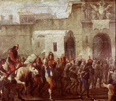 Scena kary złodziei w czasach Masaniello (Kara złodziei w czasach Masaniello) Fragment obrazu około 1640-1650 Neapol, Museo Nazionale di San Martino autorstwa Italian School
