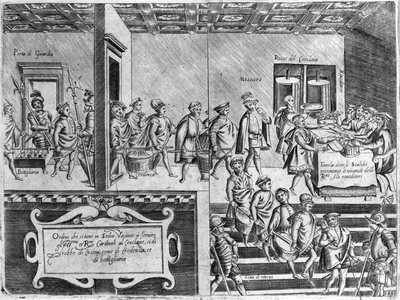 Posługa kardynałów podczas konklawe. Rycina z „Opery”, księgi gastronomicznej podzielonej na 6 części, autorstwa Bartolomeo Scappi, osobistego kucharza papieża Piusa V. Wenecja autorstwa Italian School