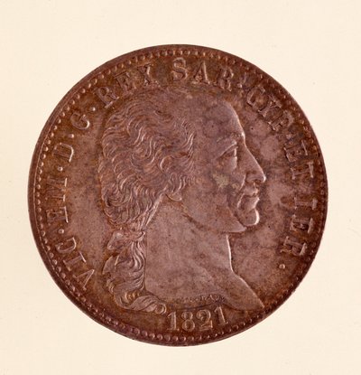 Srebrna moneta włoska (ecu) z królestwa Sardynii: panowanie Vittorio Emanuele I (Wiktor Emanuel I) (1759-1824). 1821. śr. 3,8 cm Neapol, muzeum archeologiczne autorstwa Italian School