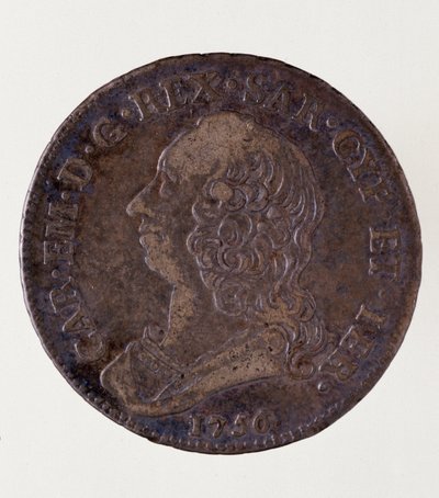 Srebrna moneta włoska (pół ecu) z Królestwa Sardynii: Panowanie Karola Emanuela III Sabaudzkiego (1701-1773). 1756. Średnica. 3,7 cm Neapol, muzeum archeologiczne autorstwa Italian School