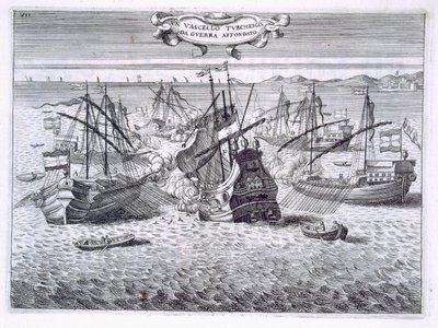 Zatopienie tureckiego okrętu wojennego, ilustracja z „Wartości Toskanii w najważniejszych przedsięwzięciach Rycerzy Santo Stefano” autorstwa Fulvio Fontany, sztychowana przez H. Vincenta, 1701 r. autorstwa Italian School