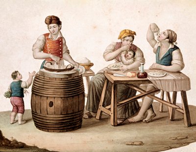 Mały neapolitański metier: sprzedawca maccheroni, obok niego rodzina przy stole jedząca rękami - (Stary handel: sprzedawca maccheroni i klienci jedzący włoski makaron) Akwarela z XIX wieku Museo Nazionale di San Martino Neapol autorstwa Italian School