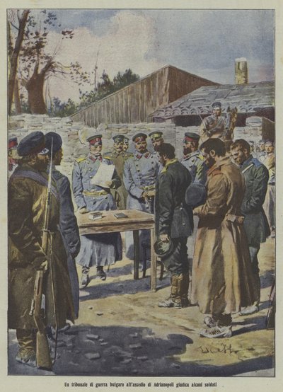 Żołnierze sądzeni przez bułgarski trybunał wojskowy podczas oblężenia Adrianopola, I wojna bałkańska (kolorowa litografia) autorstwa Italian School