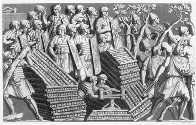 Żołnierze, prawdopodobnie budujący most pontonowy lub machinę oblężniczą, prawdopodobnie z kolumny Trajansa, z Customs of the Romans, ok. 1800-10 (akwaforta i akwatinta) autorstwa Italian School