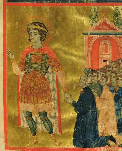 Niektórzy bracia modlący się do św. Teodora z Mariegoli, 1350 (atrament i złoty liść na welinie) autorstwa Italian School