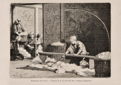 Spinning Cotton, Japonia, z włoskiej edycji Tour du Monde, 1869 autorstwa Italian School