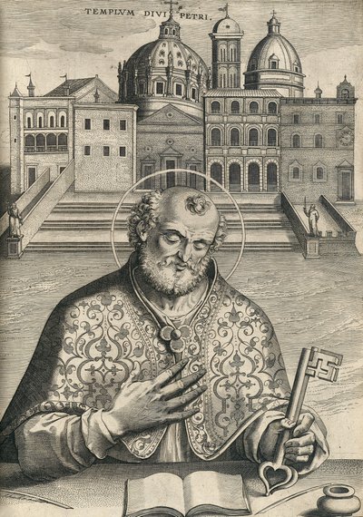 St Piotr przed Bazyliką św. Piotra z kościoła Septem Urbis Primariae, wyd. 1599 autorstwa Italian School