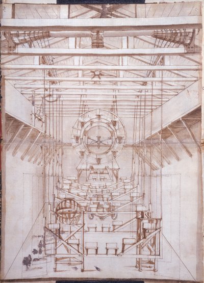Maszyny sceniczne do oper w teatrze San Salvatore w Wenecji, 1675 (mycie piórem i tuszem na papierze) autorstwa Italian School