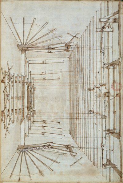 Maszyny sceniczne do oper w teatrze San Salvatore w Wenecji, 1675 (mycie piórem i tuszem na papierze) autorstwa Italian School