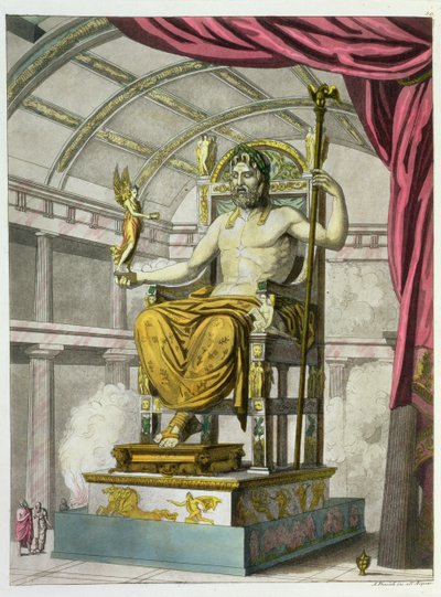 Posąg Jowisza w świątyni, z Costumi dei Romani, rytowany przez Angelo Biasioli (1790-1830), ok. 1805-20 (akwatinta) autorstwa Italian School