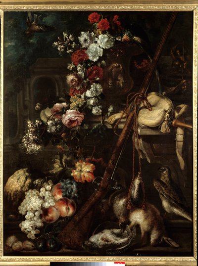 Martwa natura z kwiatów, dziczyzny i karabinu Malarstwo Szkoły Włoskiej z XVII wieku - Słońce 1,18x0,91 m Bayonne, Musee Bonnat autorstwa Italian School
